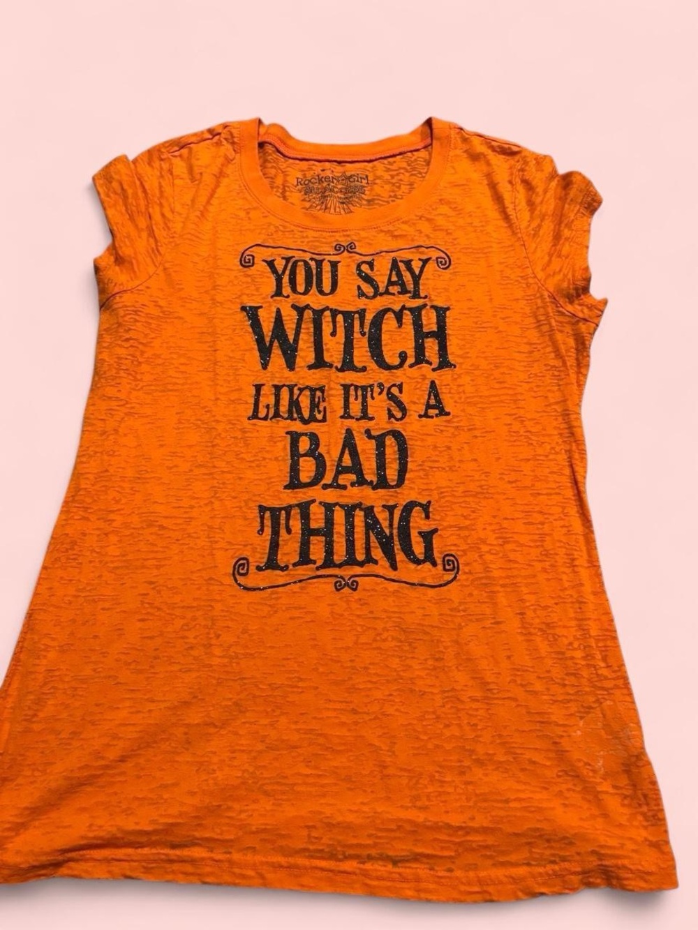 Rock & Roll Cowgirl Orange Graphic Tee - 'You Say Witch' Phrase